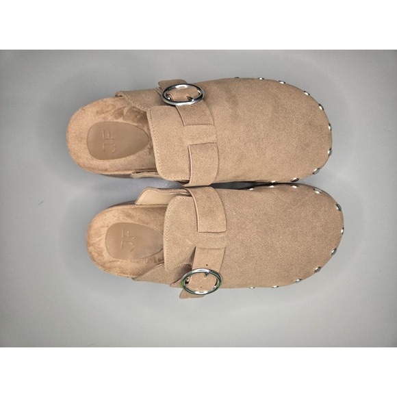 Just Fab Tan Studded Suede Mules with Buckle Detail - Picture 3 of 10